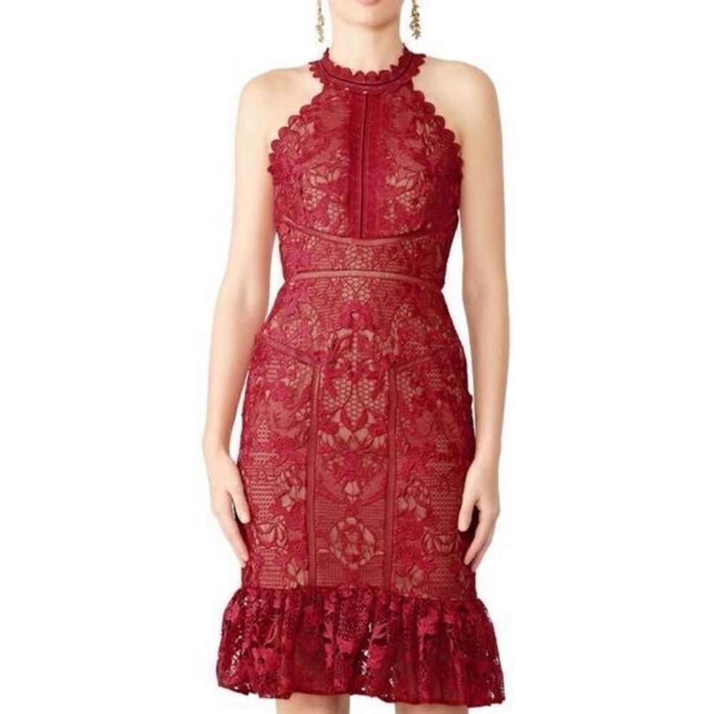 MARCHESA NOTTE Red Lace Halter Fancy Sheath Dress US 8